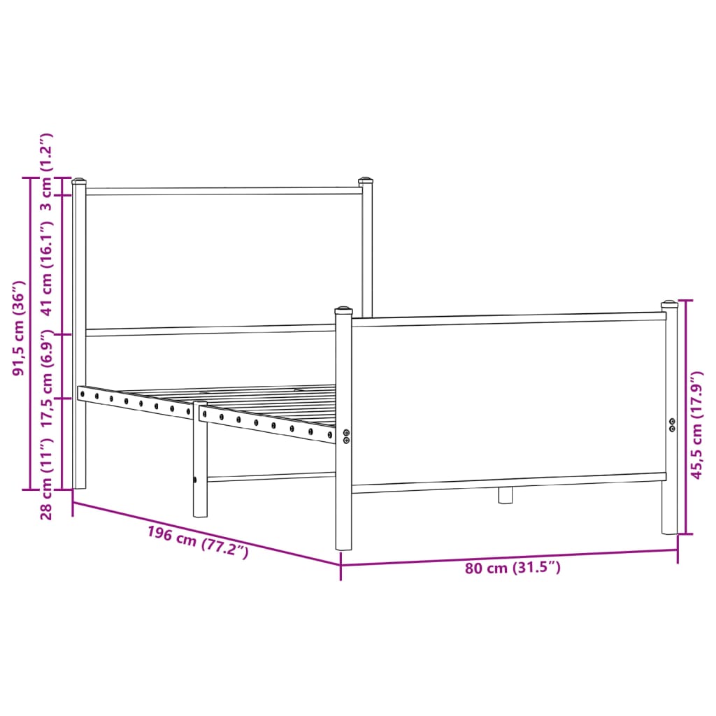 Metalni okvir kreveta bez madraca boja hrasta 75x190 cm