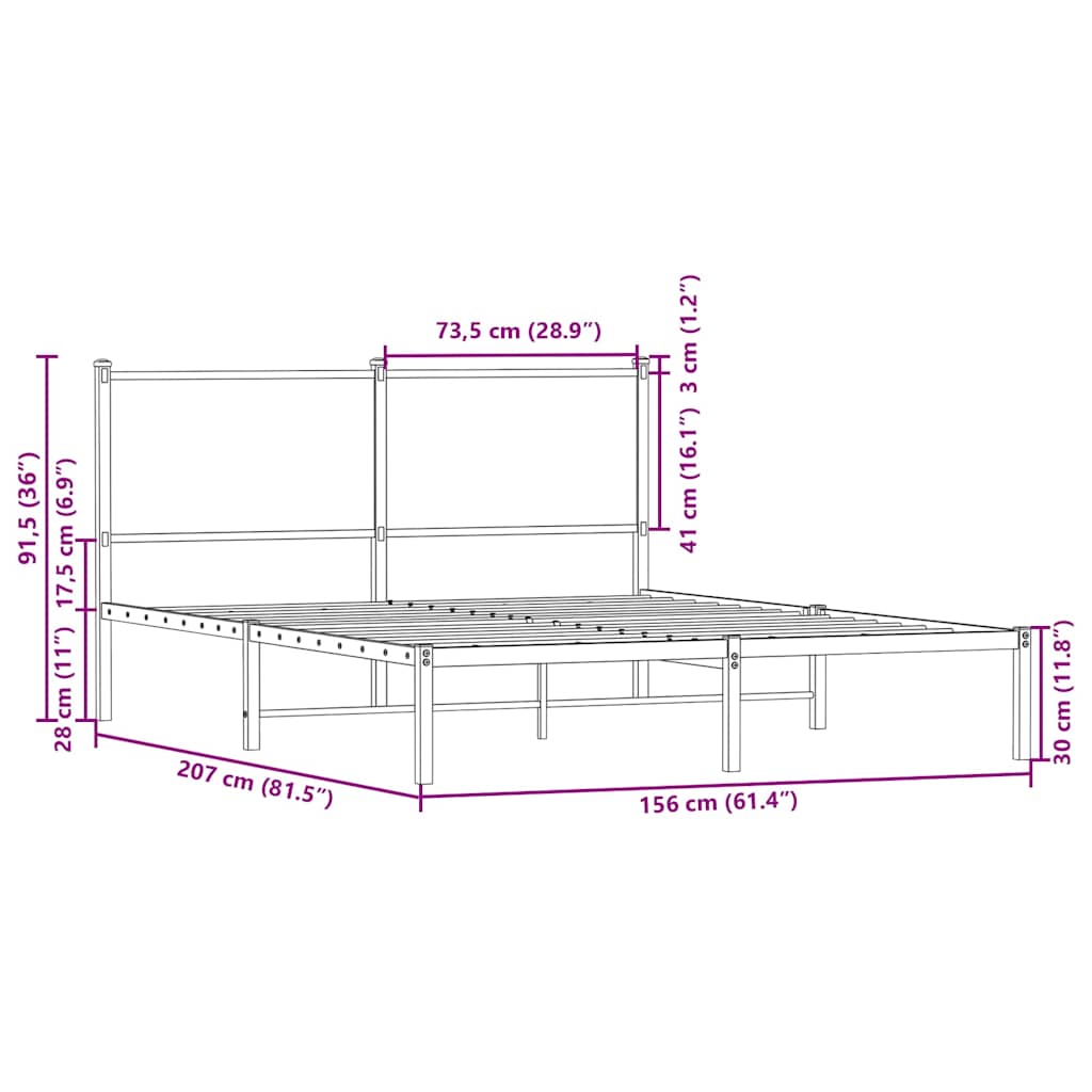 Metalni okvir kreveta bez madraca smeđa boja hrasta 150x200 cm