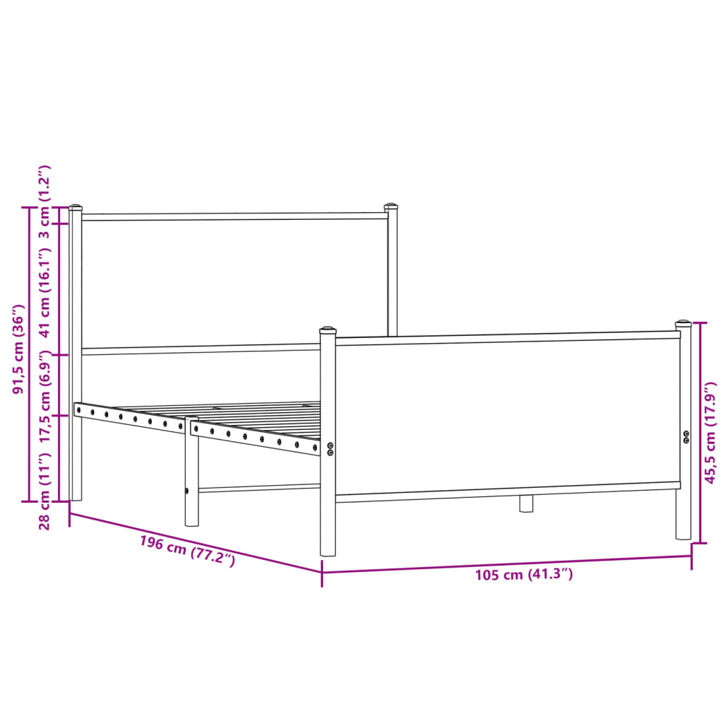 Metalni okvir kreveta bez madraca smeđi hrast 100x190 cm