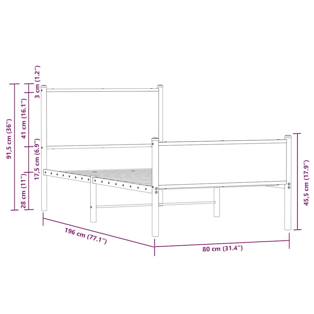 Metalni okvir kreveta bez madraca boja hrasta 75x190 cm