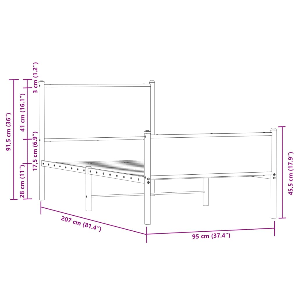 Metalni okvir kreveta bez madraca boja hrasta 90x200 cm