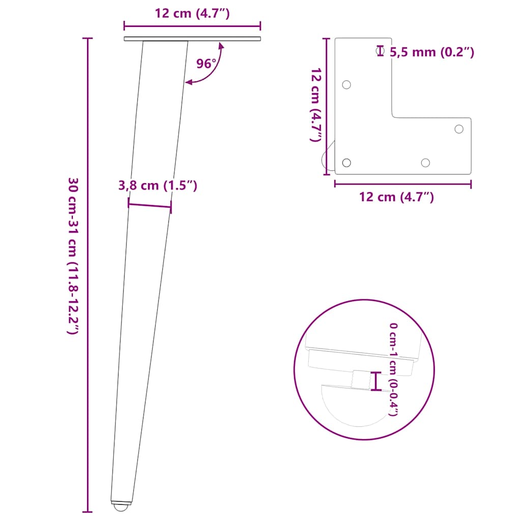 Noge za klub stolić konusnog oblika 4 kom crne 30-31 cm čelik