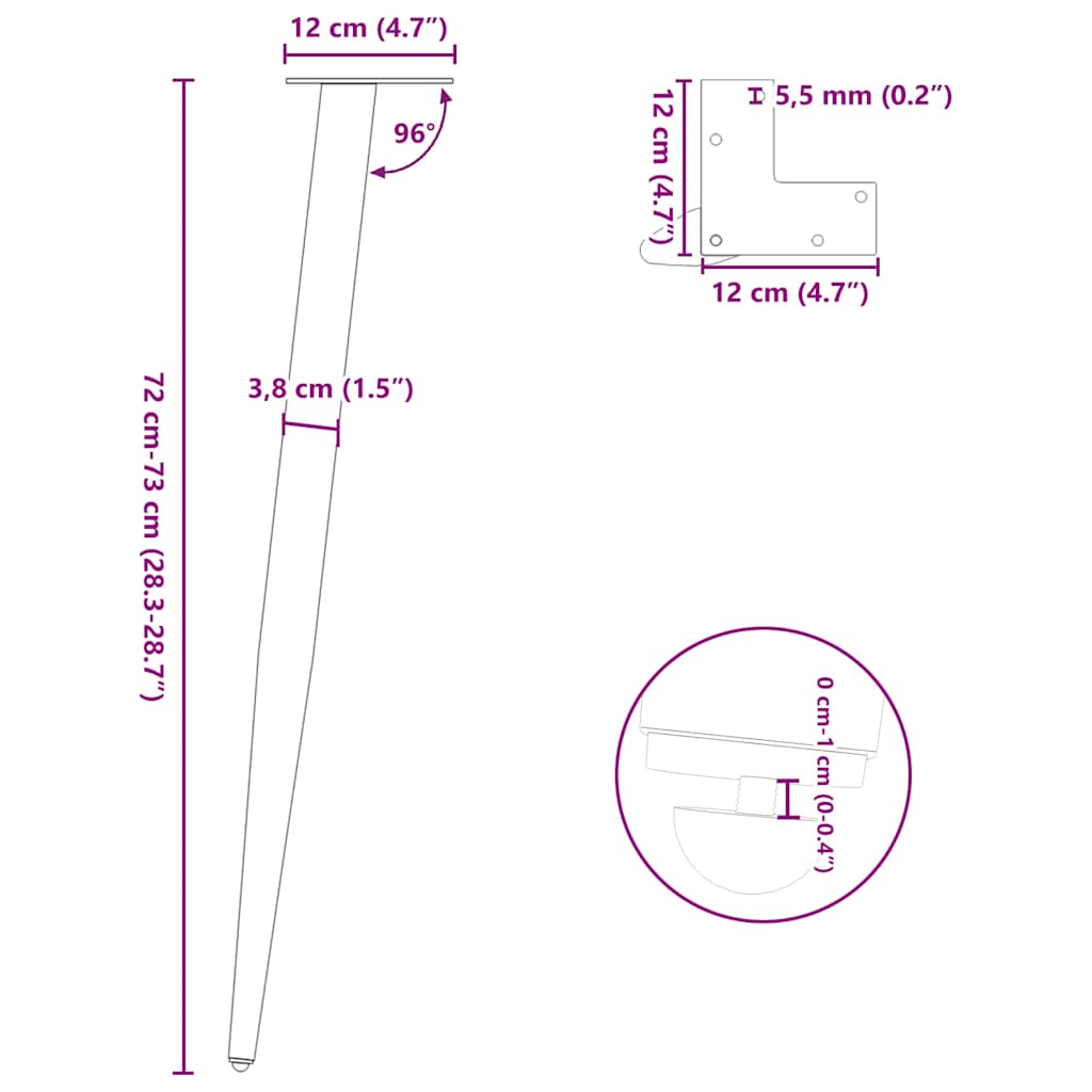 Noge za konzolni stol konusnog oblika 4 kom crne 72-73 cm čelik