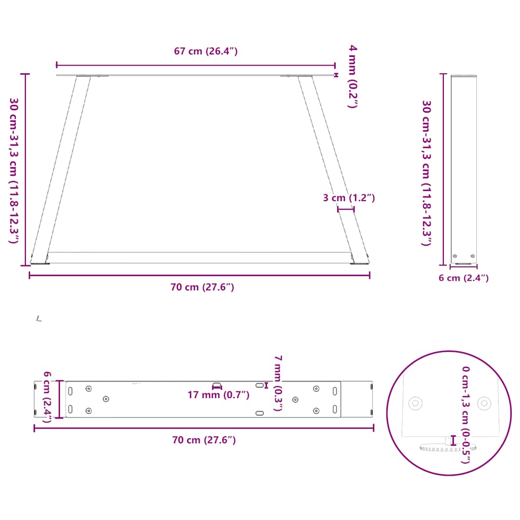 Noge za klub stolić V-oblika 2 kom Bijele 70 x (30-31,3) cm Čelik
