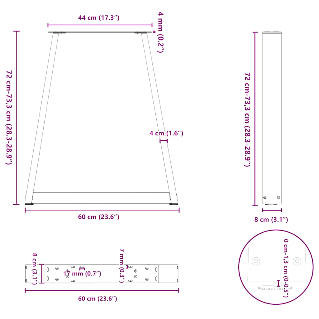 Noge za blagovaonski stol V-oblik 2 kom Bijele 60 x (72-73,3) cm Čelik