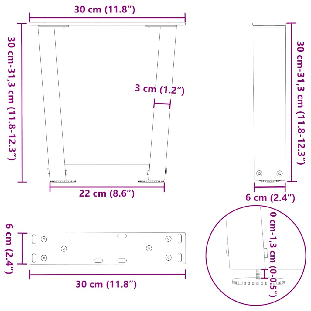 Noge za klub stolić V-oblika 2 kom Prirodni čelik 30 x (30-31,3) cm Čelik