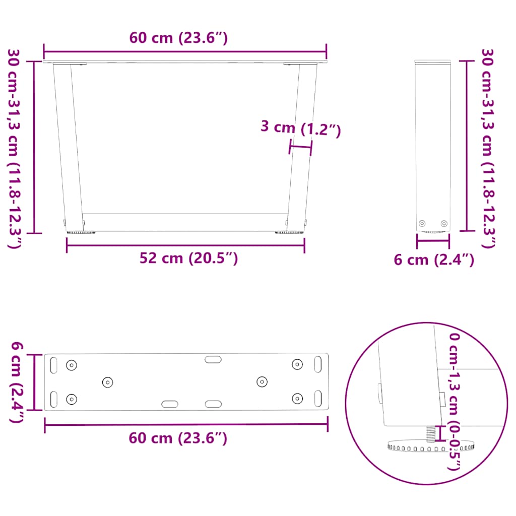Noge za klub stolić V-oblika 2 kom Crne 60 x (30-31,3) cm Čelik