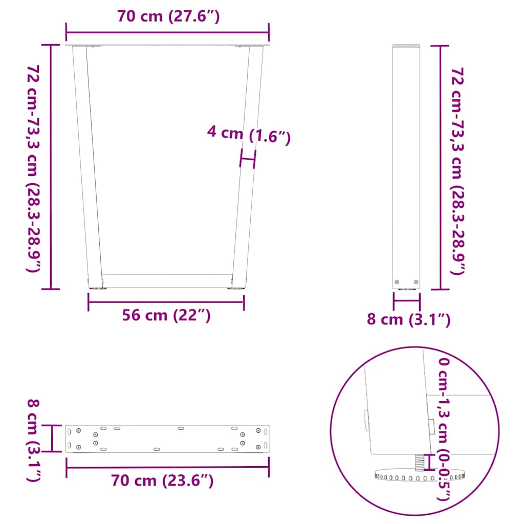 Noge za blagovaonski stol V-oblik 2 kom Prirodni čelik 70 x (72-73,3) cm Čelik