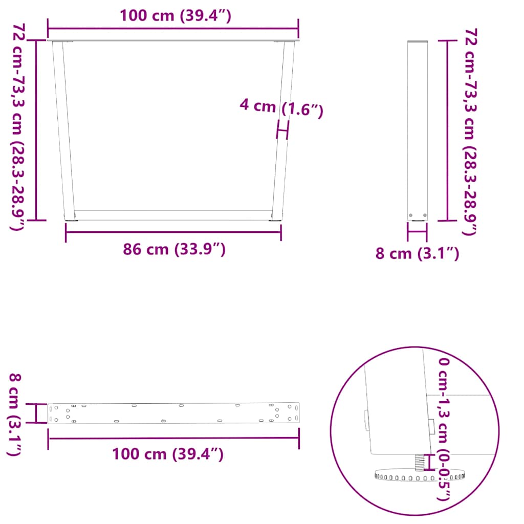 Noge za blagovaonski stol V-oblika 2 kom Crne 100 x (72-73,3) cm Čelik