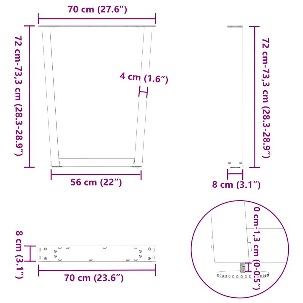 Noge za blagovaonski stol V-oblik 3 kom Prirodni čelik 70 x (72-73,3) cm Čelik
