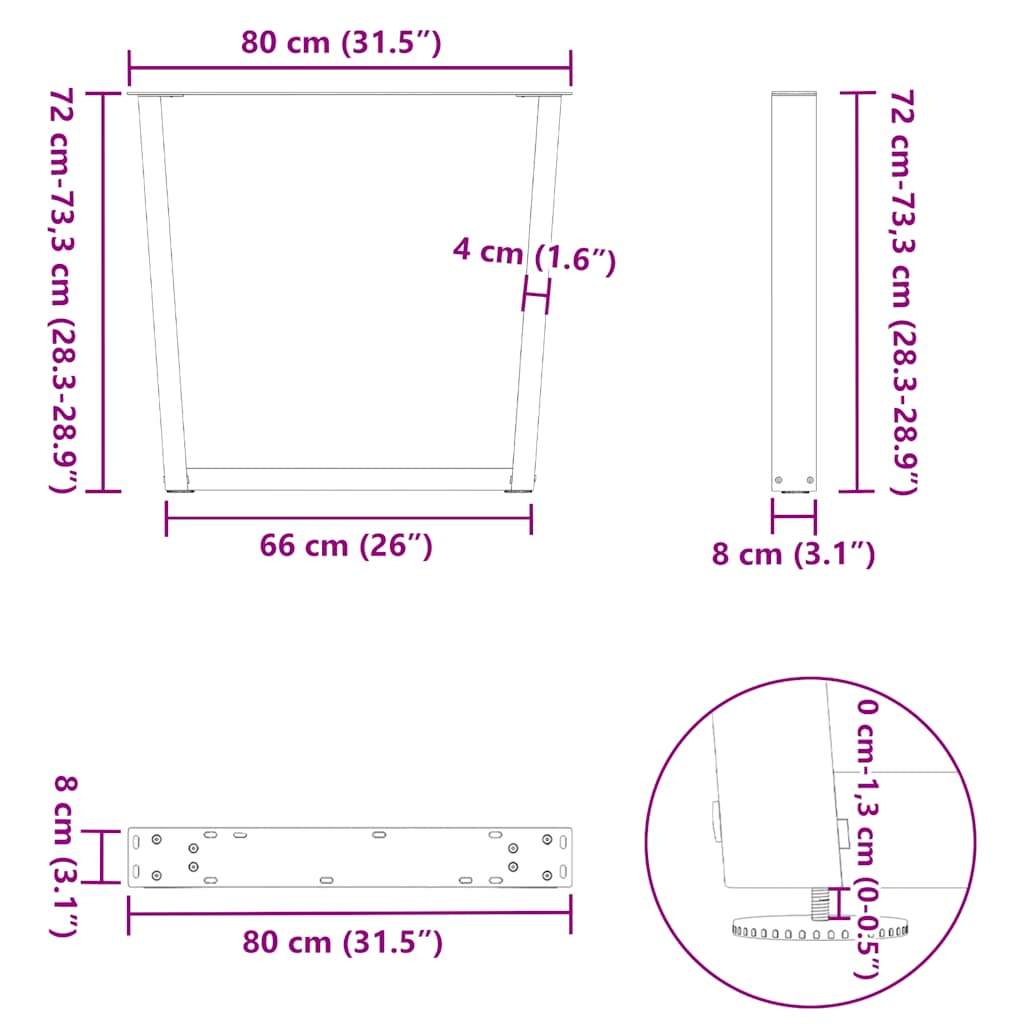 Noge za blagovaonski stol V-oblik 3 kom Bijele 80 x (72-73,3) cm Čelik