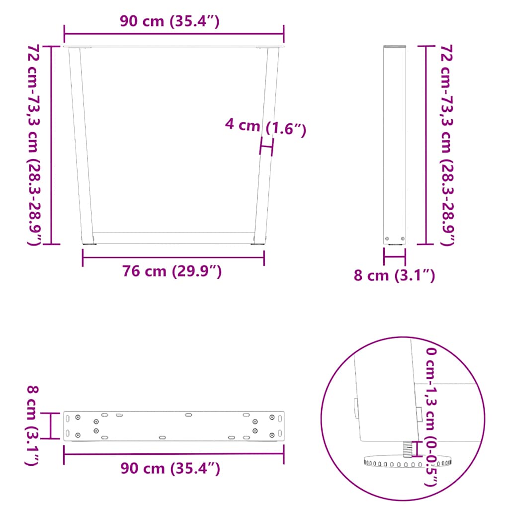 Noge za blagovaonski stol V-oblik 3 kom Prirodni čelik 90 x (72-73,3) cm Čelik