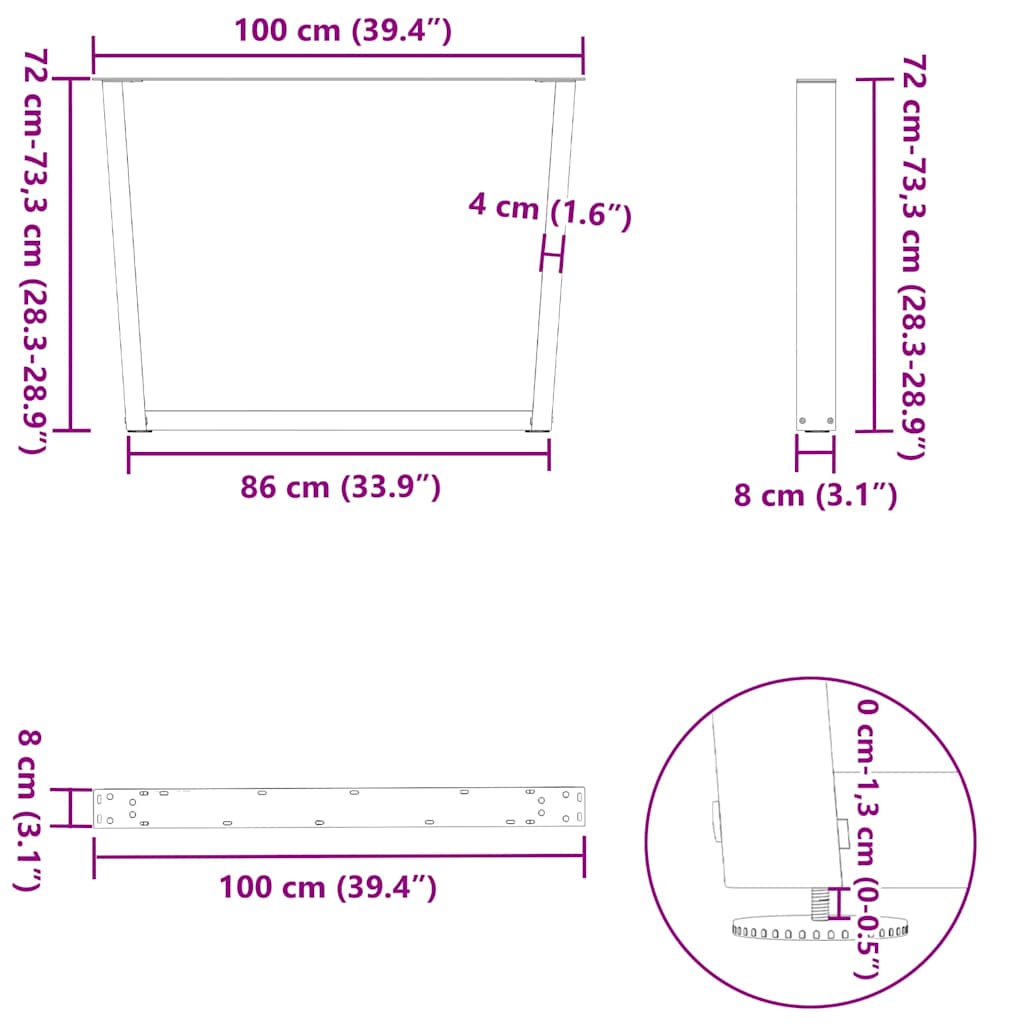 Noge za blagovaonski stol V-oblik 3 kom Crne 100 x (72-73,3) cm Čelik