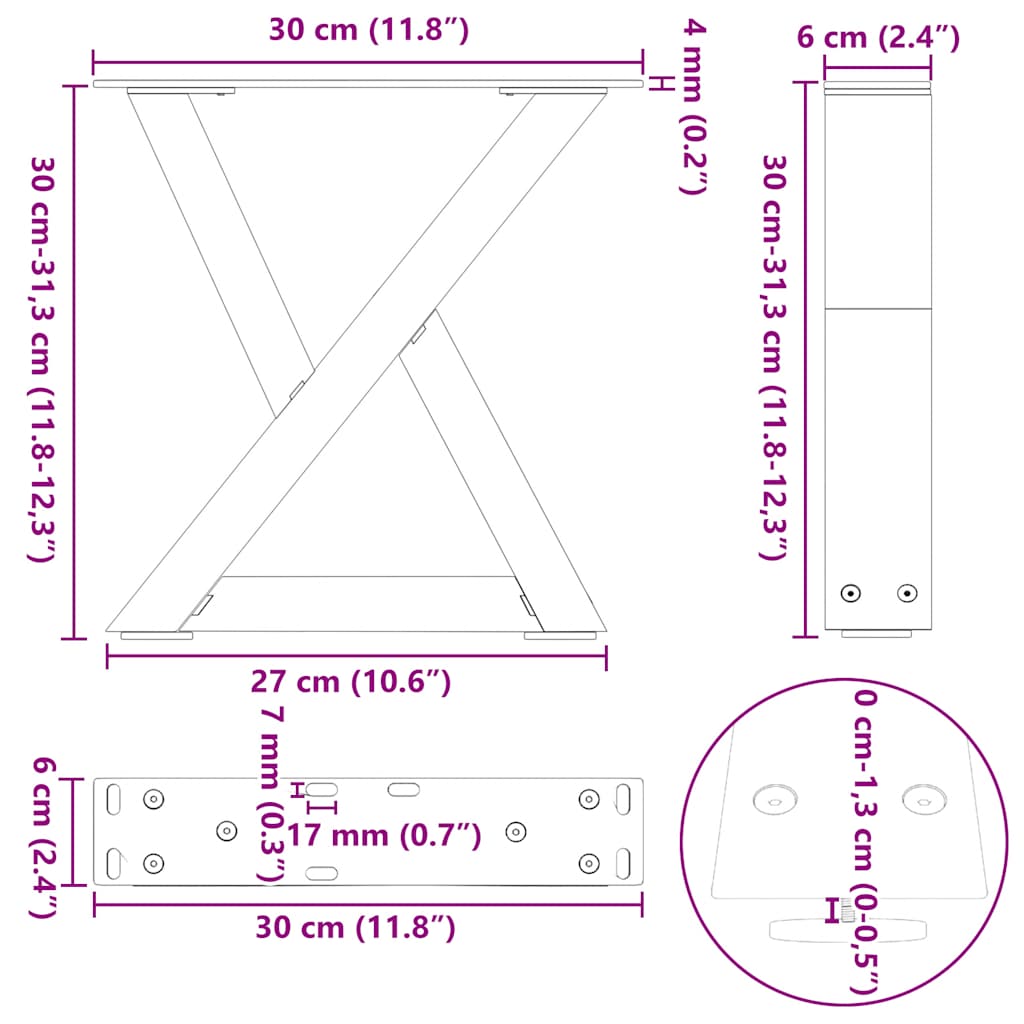 Noge za klub stolić 2 kom Bijele 30 x (30-31,3) cm Čelik