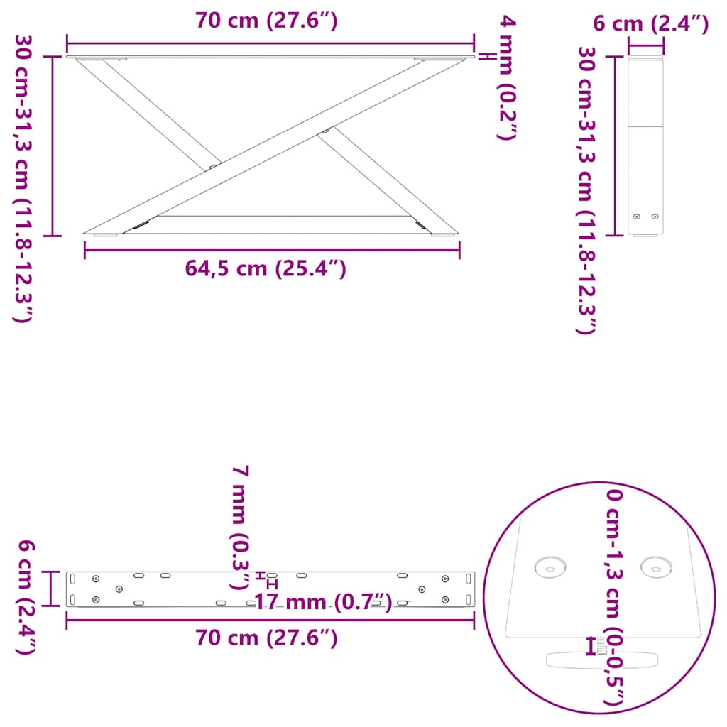 Noge za klub stolić 2 kom Bijele 70 x (30-31,3) cm Čelik