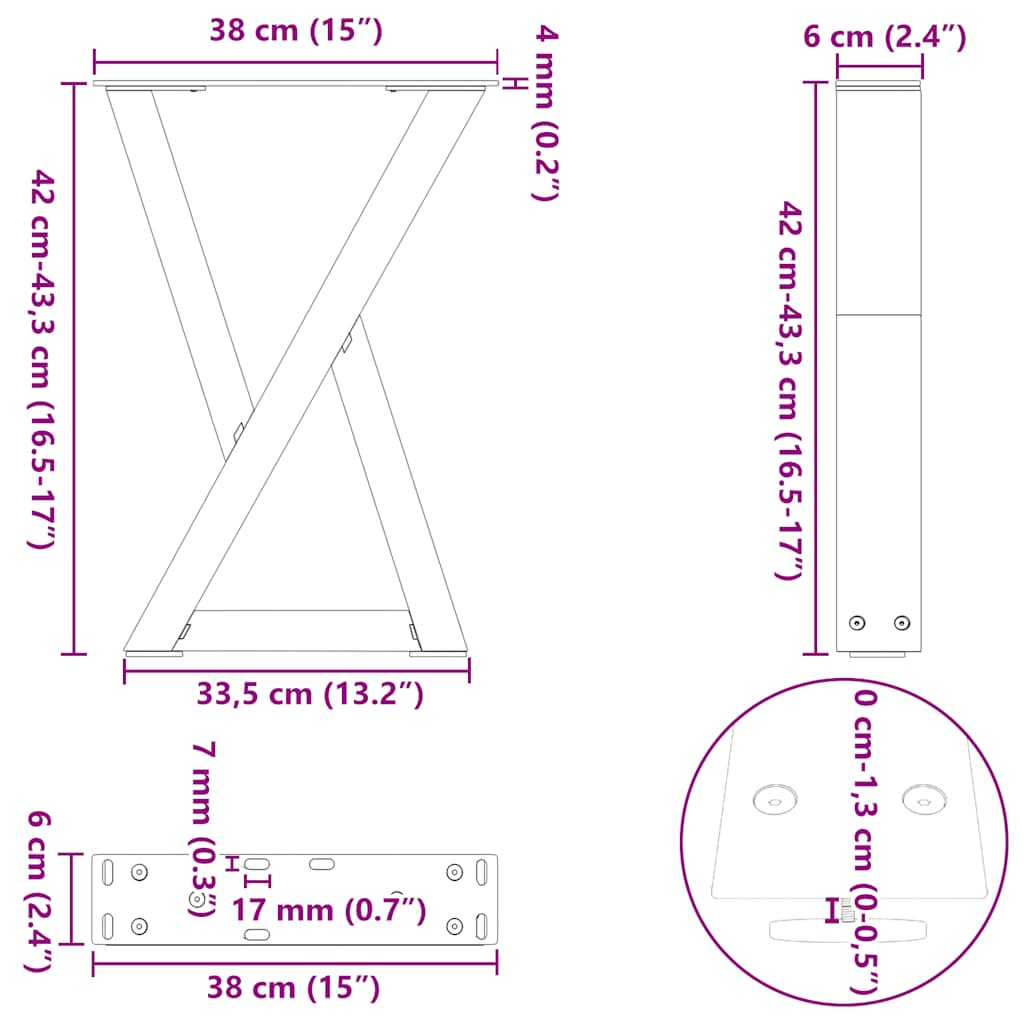 Noge za klub stolić 2 kom. antracit 38 x (42-43,3) cm čelik