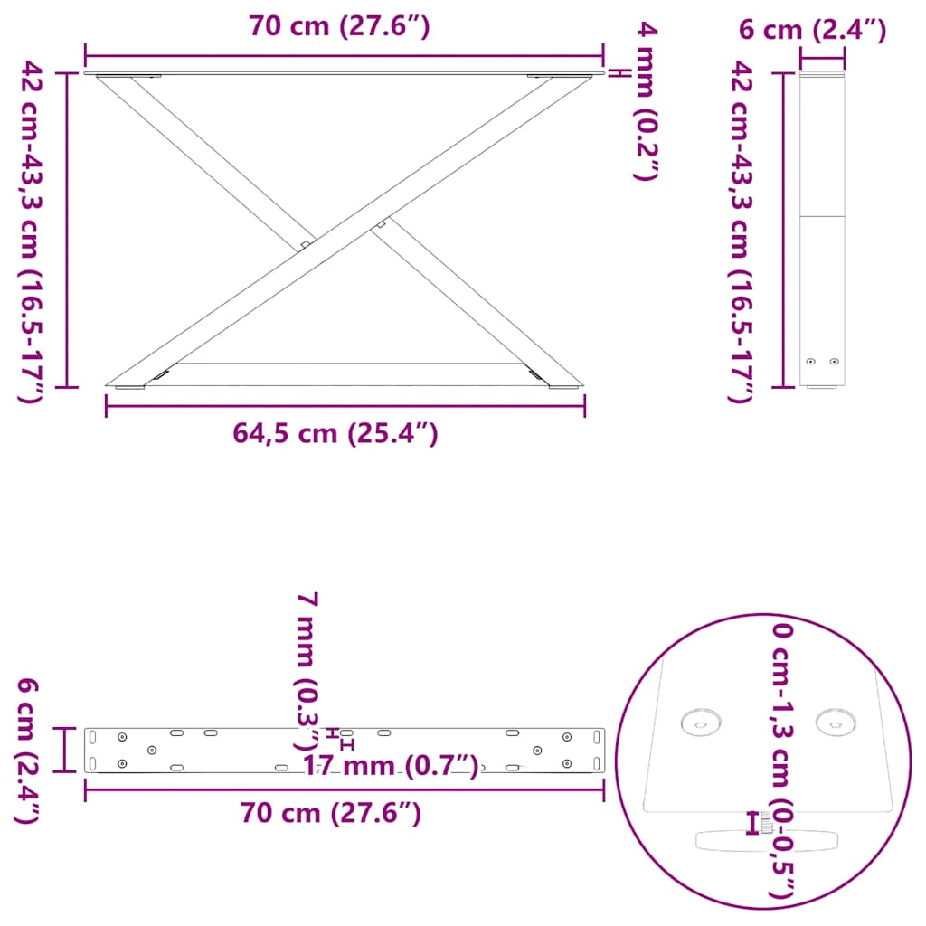 Noge za klub stolić 2 kom. antracit 70 x (42-43,3) cm čelik