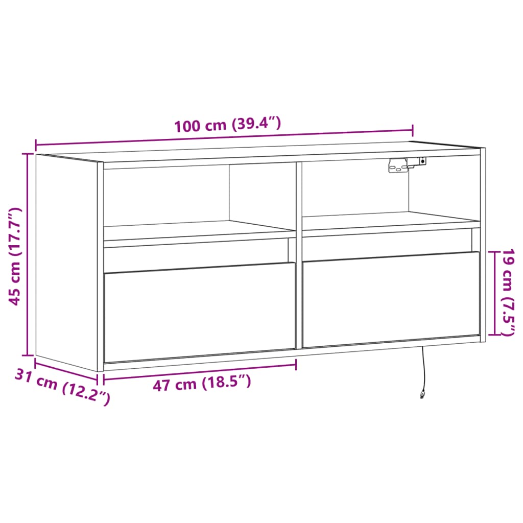 Zidni TV ormarić s LED svjetlima smeđa boja hrasta 100x31x45 cm