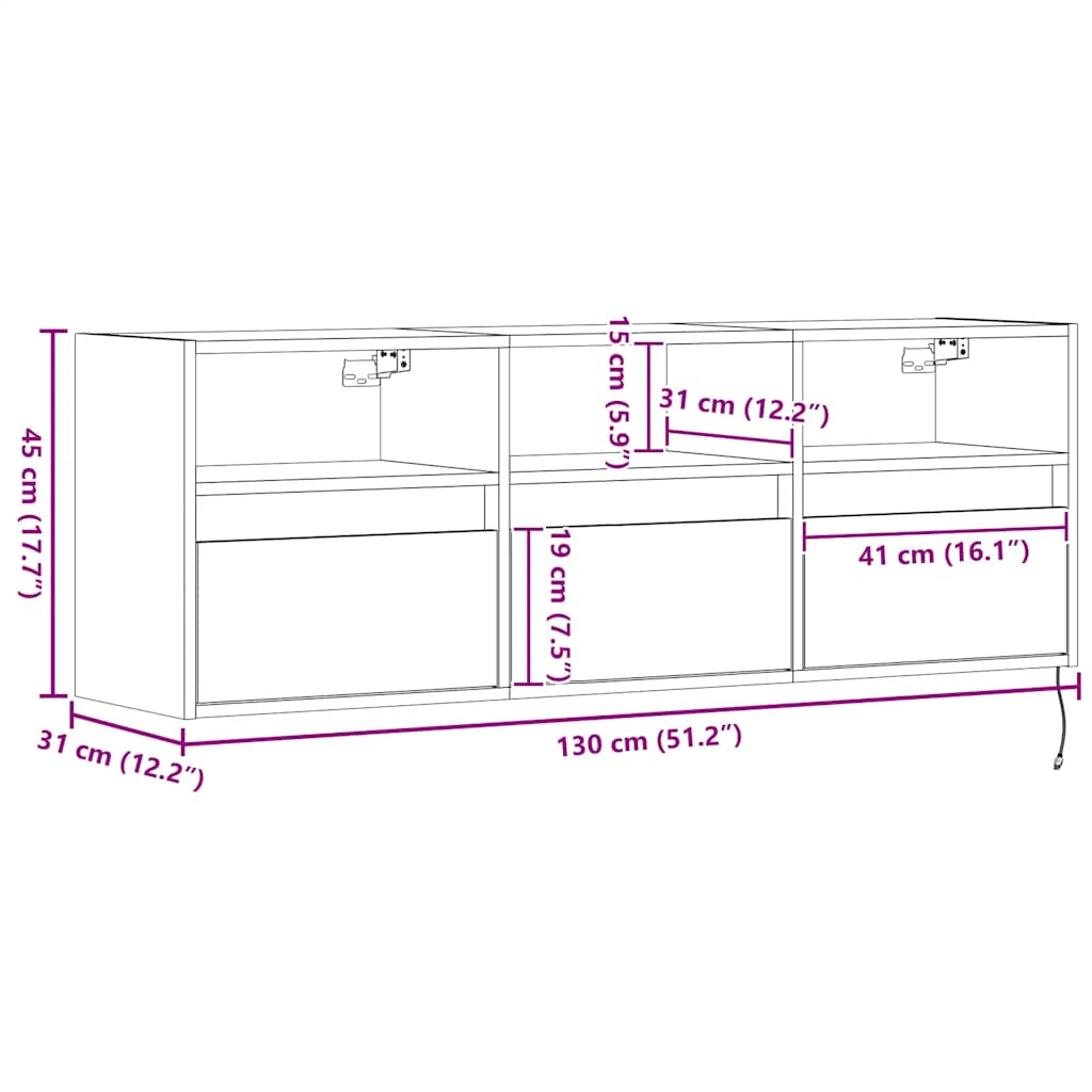 Zidni TV ormarić s LED svjetlima bijeli 130x31x45 cm