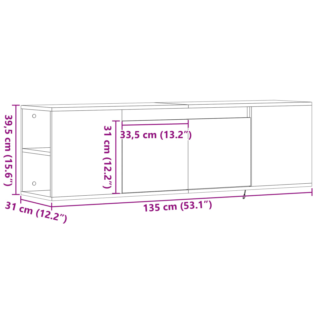 Zidni TV ormarić s LED svjetlima bijeli 135x31x39,5 cm