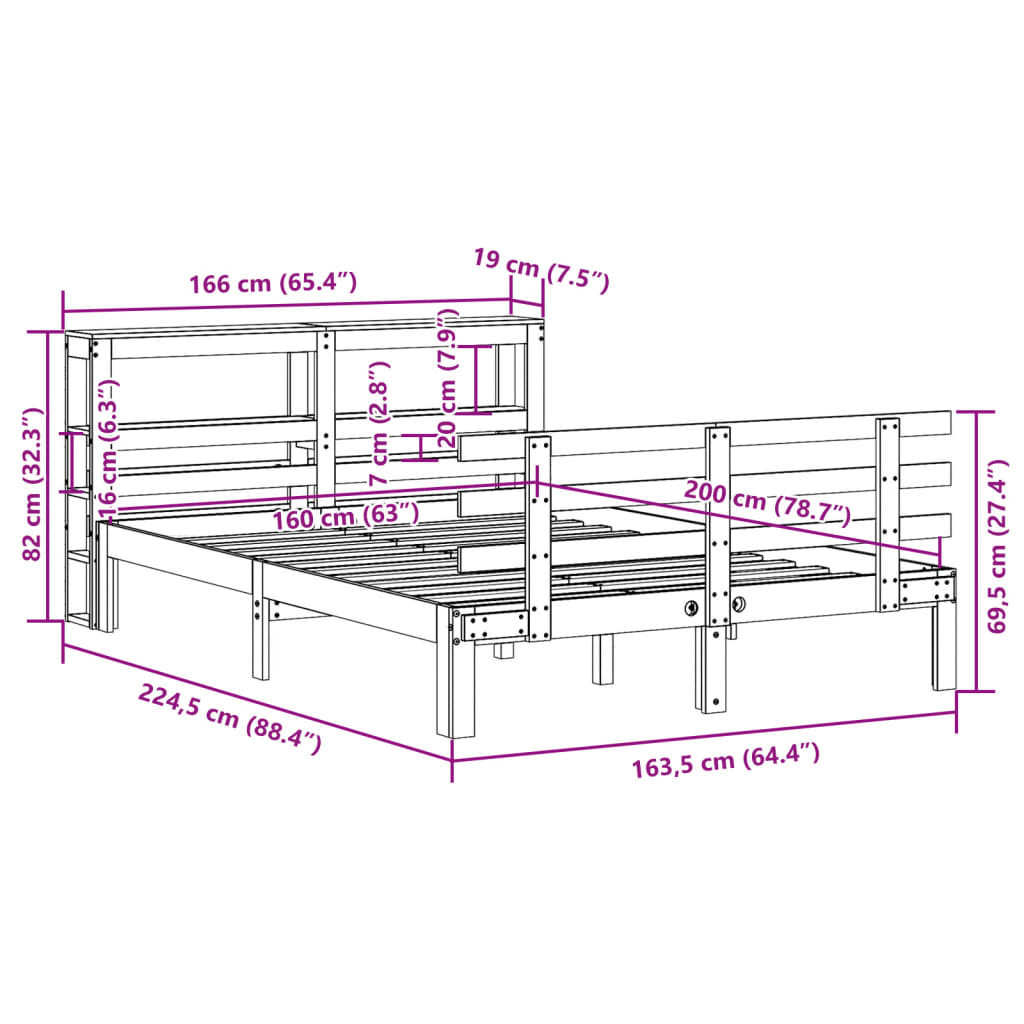 Okvir za krevet s uzglavljem 160 x 200 cm od masivne borovine