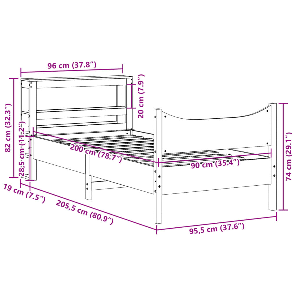 Okvir kreveta s uzglavljem 90 x 200 cm od masivne borovine