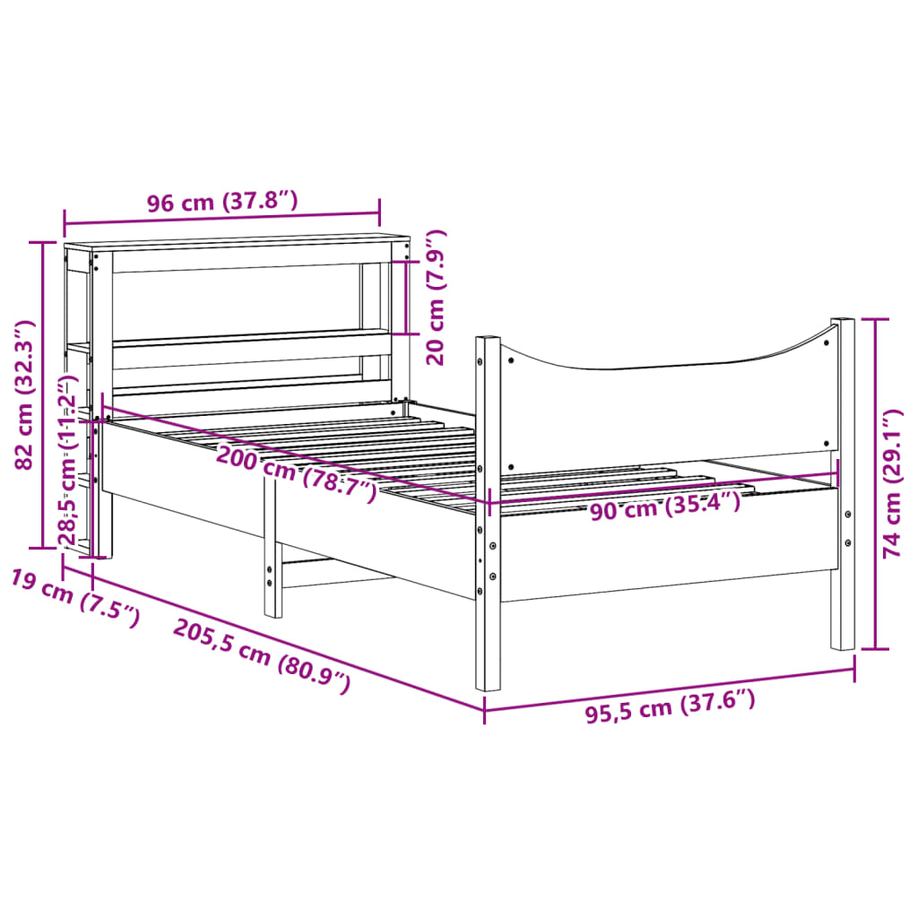Okvir za krevet s uzglavljem bijeli 90x200 cm masivna borovina