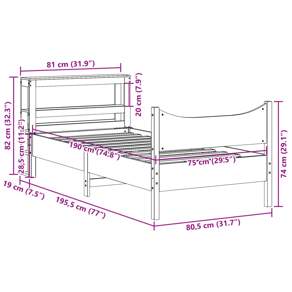 Okvir kreveta s uzglavljem bijeli 75x190 cm od borovine