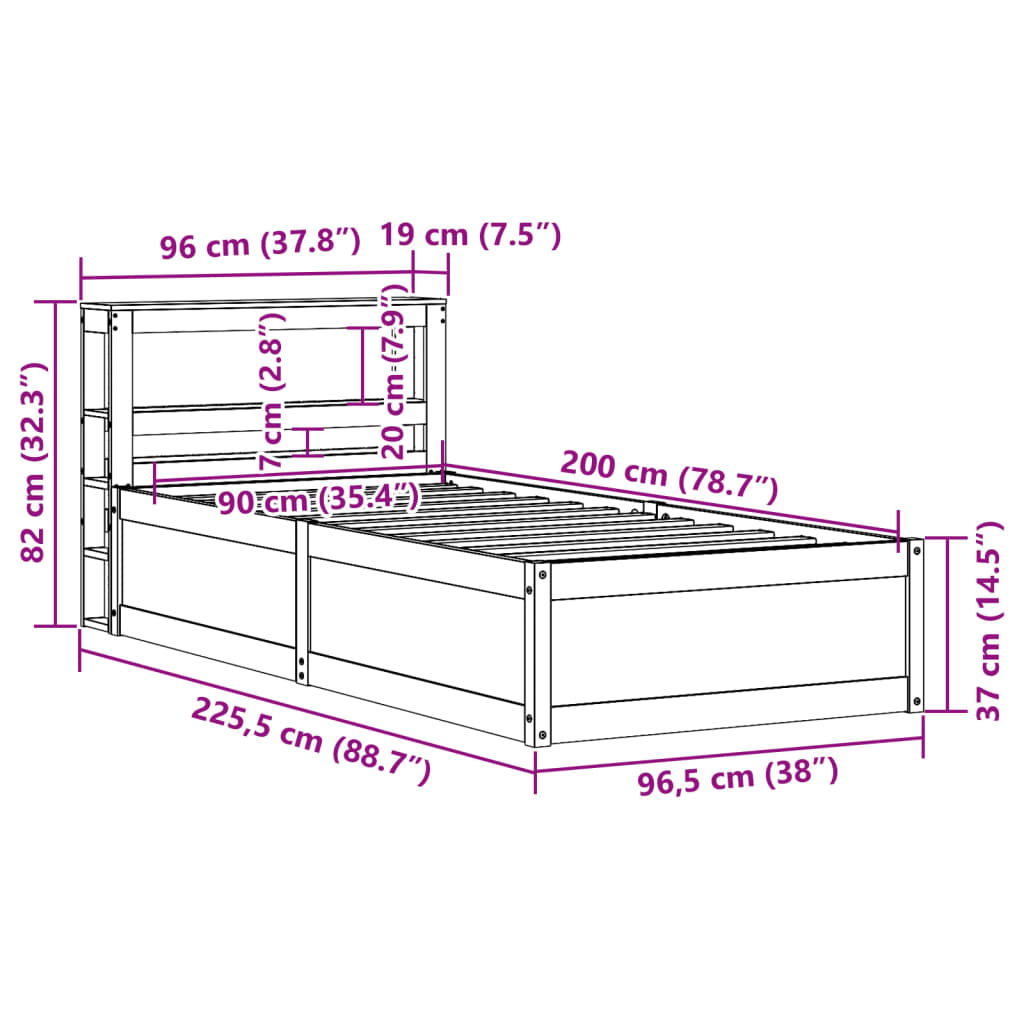 Okvir za krevet s uzglavljem bijeli 90x200 cm masivna borovina