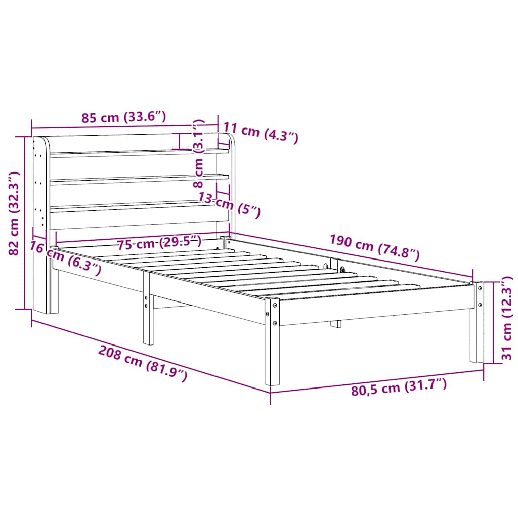 Okvir kreveta bez madraca 75 x 190 cm od masivne borovine
