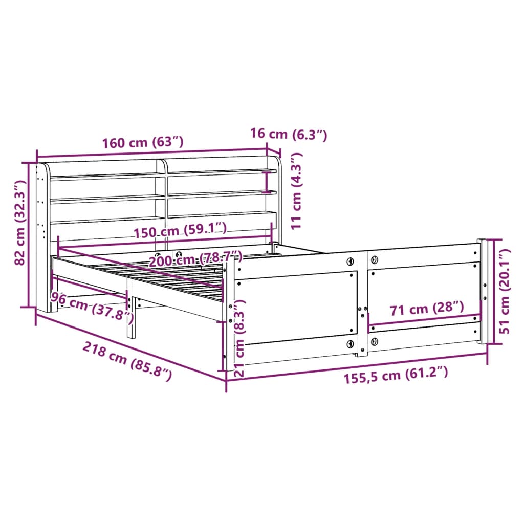 Okvir za krevet s uzglavljem bijeli 150 x 200 cm borovina