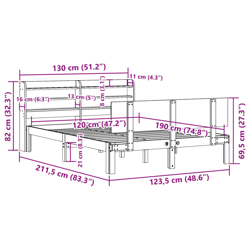 Okvir kreveta s uzglavljem bijeli 120 x 190 cm od borovine