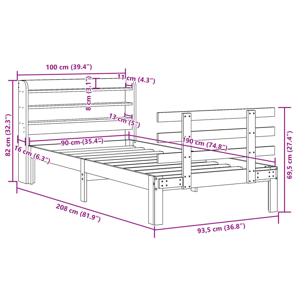 Okvir kreveta s uzglavljem 90 x 190 cm od borovine