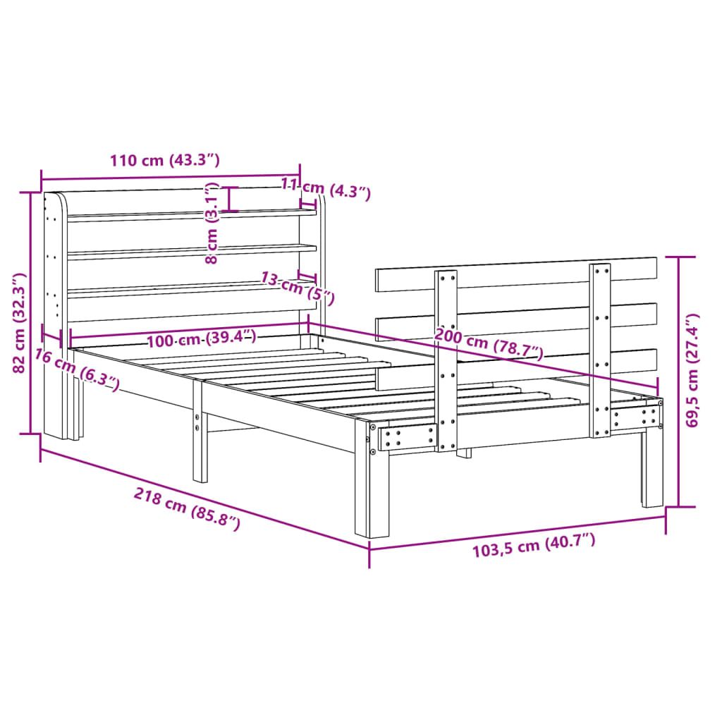 Okvir kreveta s uzglavljem 100 x 200 cm od masivne borovine