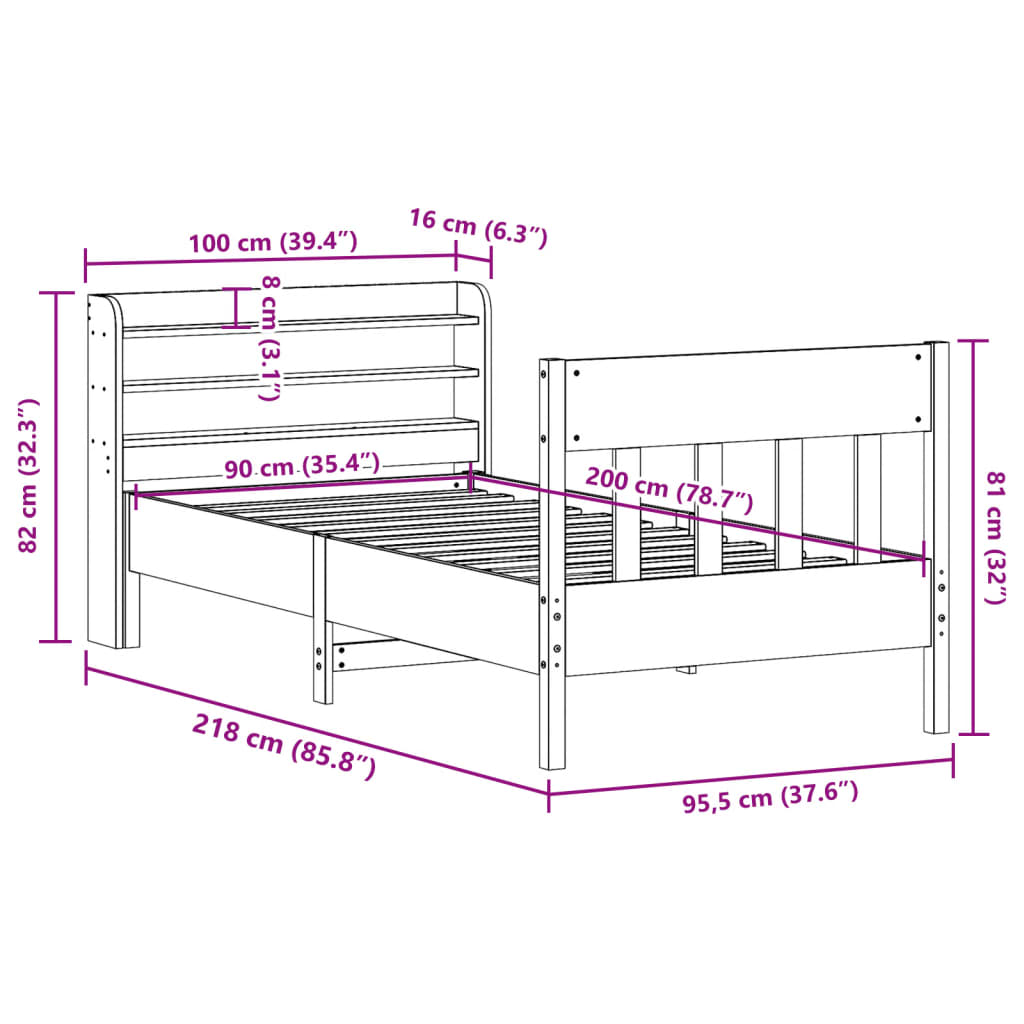 Okvir kreveta bez madraca bijeli 90 x 200 cm masivna borovina
