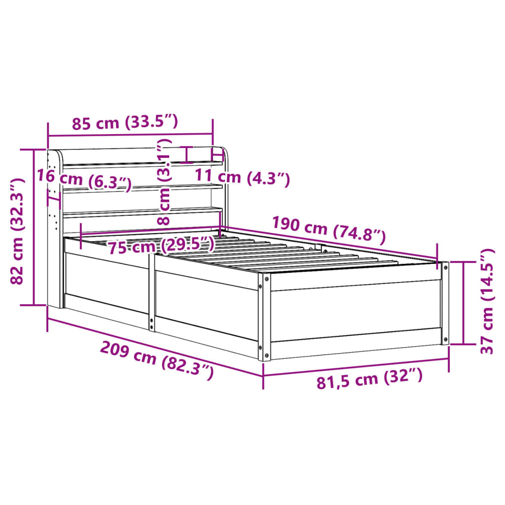 Okvir kreveta s uzglavljem bijeli 75x190 cm od borovine