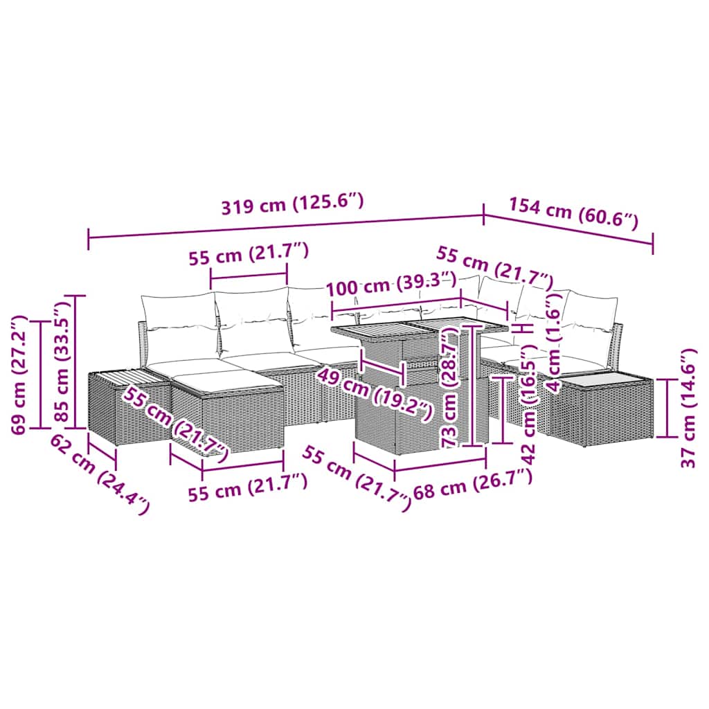 Vrtni set za objed s jastukom 9 pcs Crna i bež