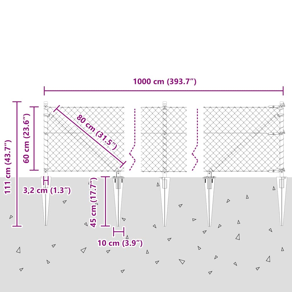 Ograda od lančane veze s šiljcima 10 x 0,6 m Siva Mreža