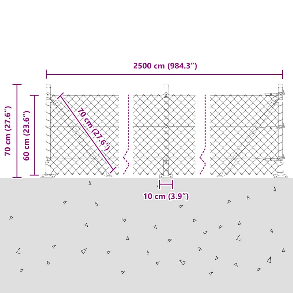 Vanjska lančana ograda s betonskom podlogom 25 x 0,6 m Srebrna