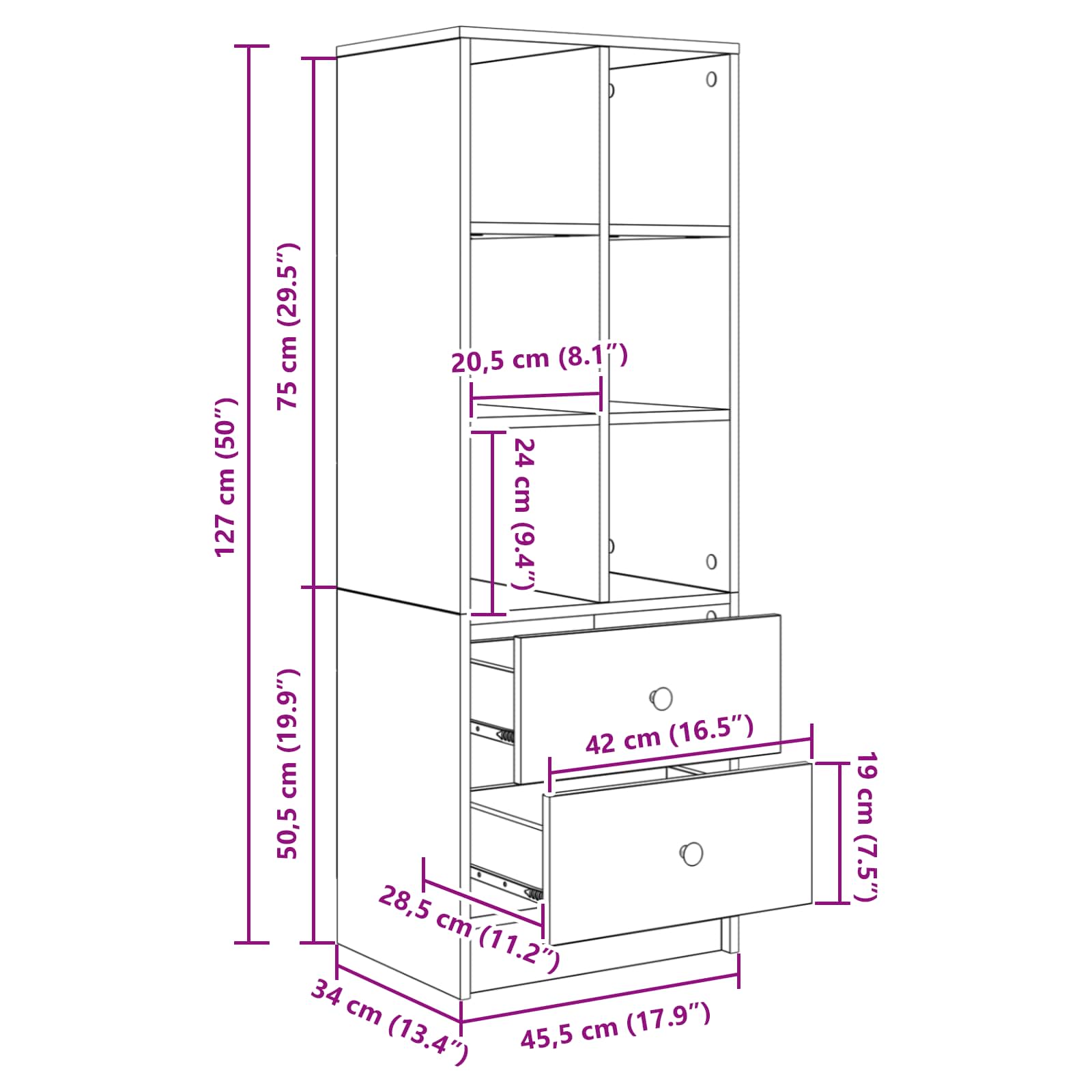 Highboard s ladicama Crni hrast 45,5 x 34 x 127 cm