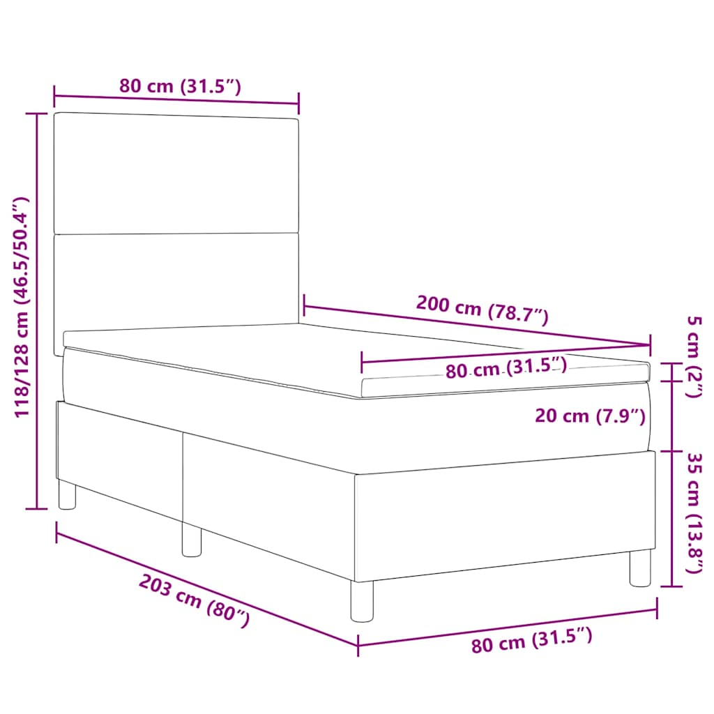 LED Box Spring Krevet Tamno siva i bijela 80 x 200 cm