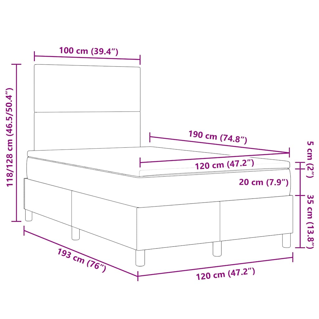 LED Box Spring Krevet Svijetlo siva i bijela. 120 x 190 cm