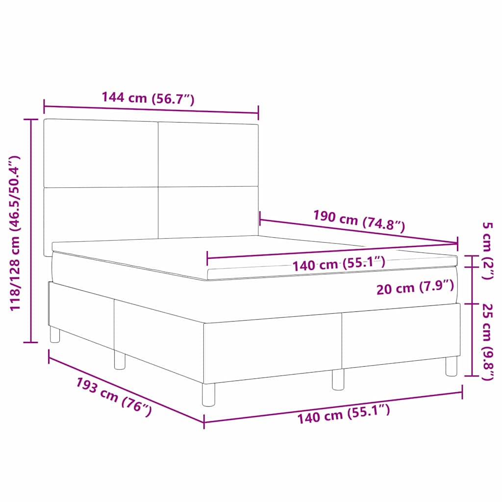 LED Box Spring Krevet Svijetlo siva i bijela. 140 x 190 cm