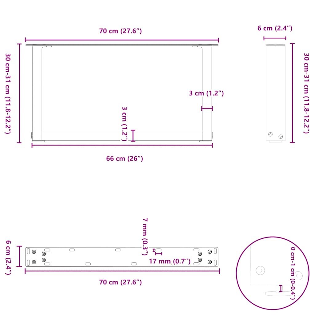 Noge za klub stolić U-oblik 2 kom Crne 70 x (30-31) cm Čelik