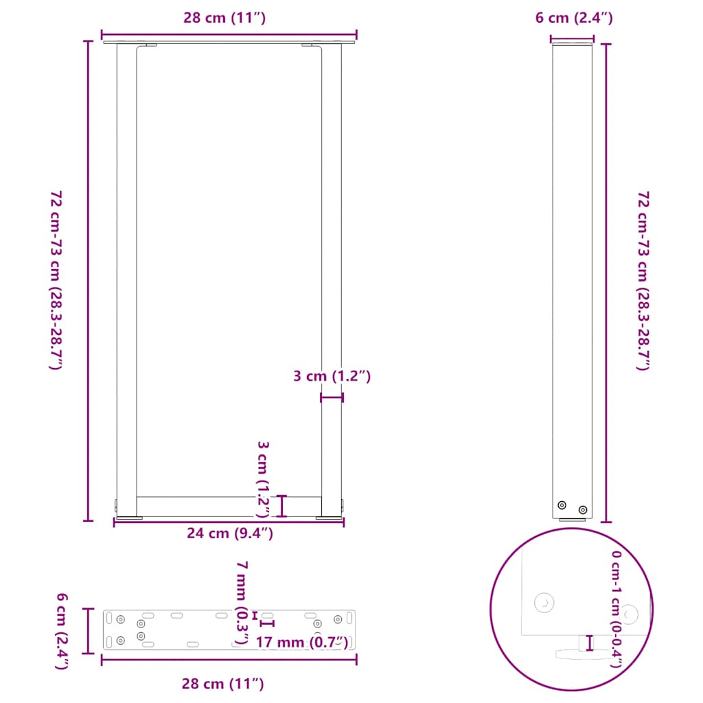 Noge za konzolni stol u obliku slova U, 2 kom, antracit, 28 x (72-73) cm, čelik