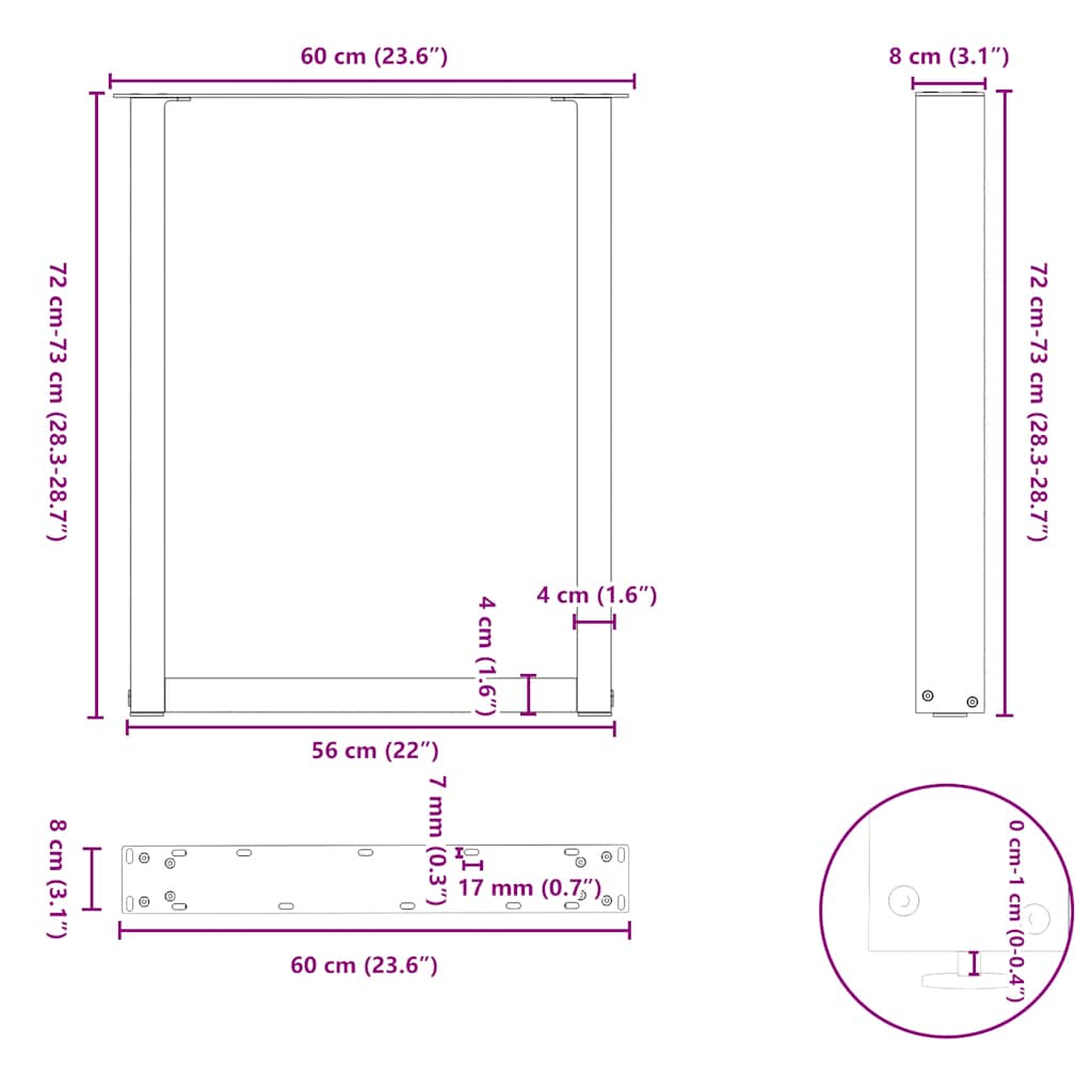 Noge za blagovaonski stol U-oblik 2 kom Crne 60 x (72-73) cm Čelik