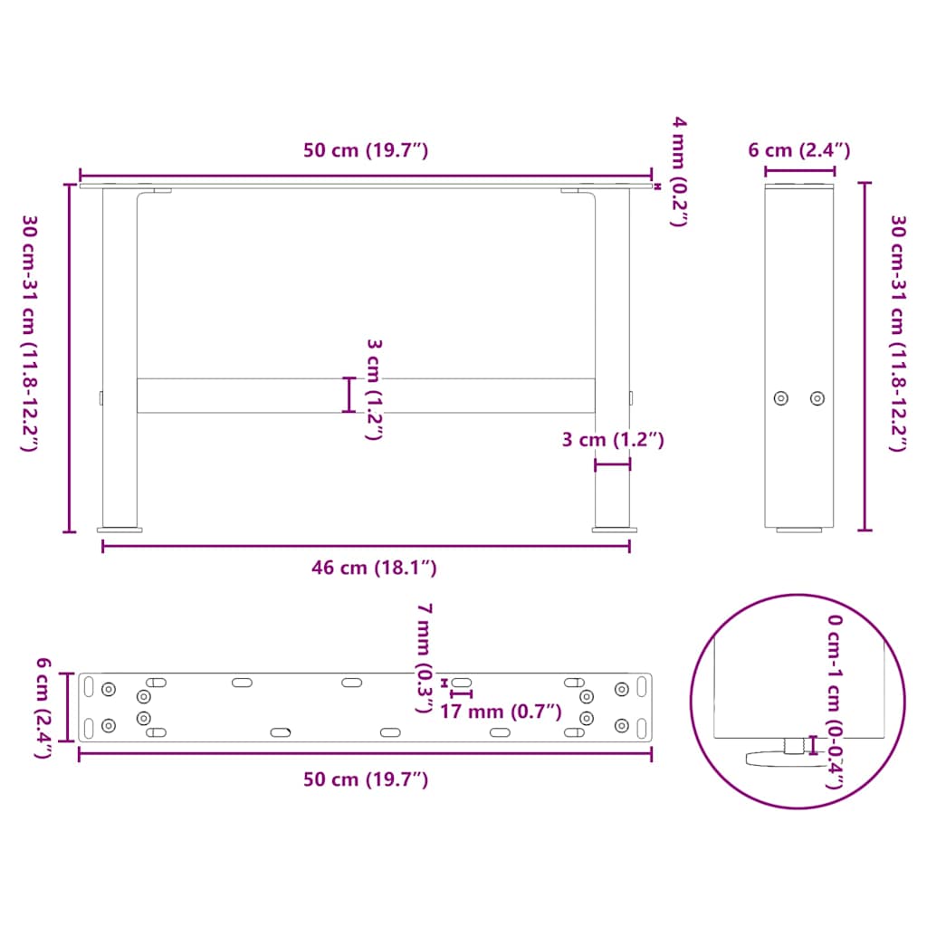 Noge za klub stolić crne 2 kom 50 x (30-31) cm čelik