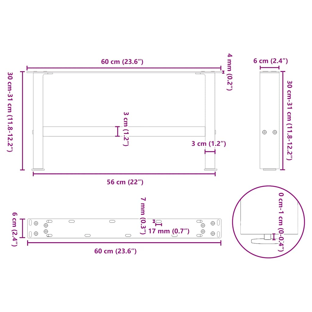 Noge za klub stolić crne 2 kom 60 x (30-31) cm čelik