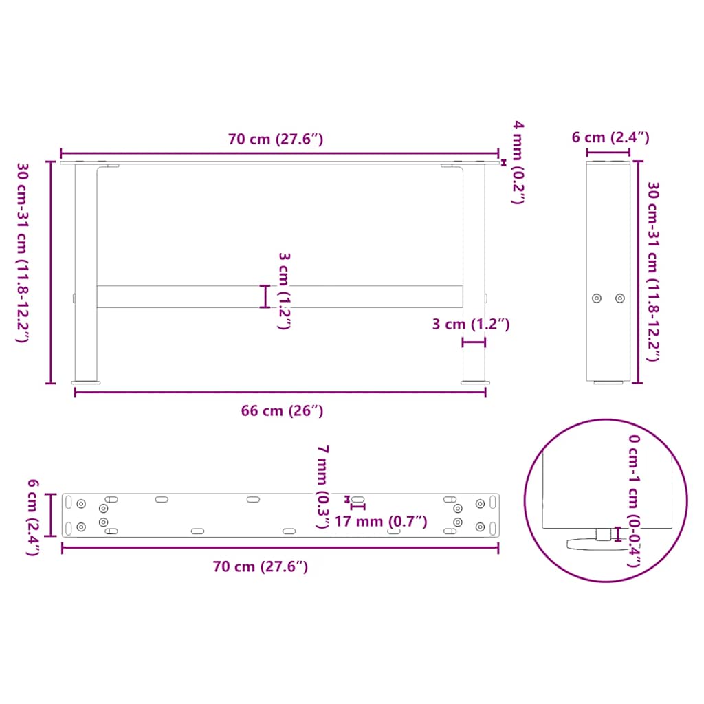 Noge za klub stolić crne 2 kom 70 x (30-31) cm čelik