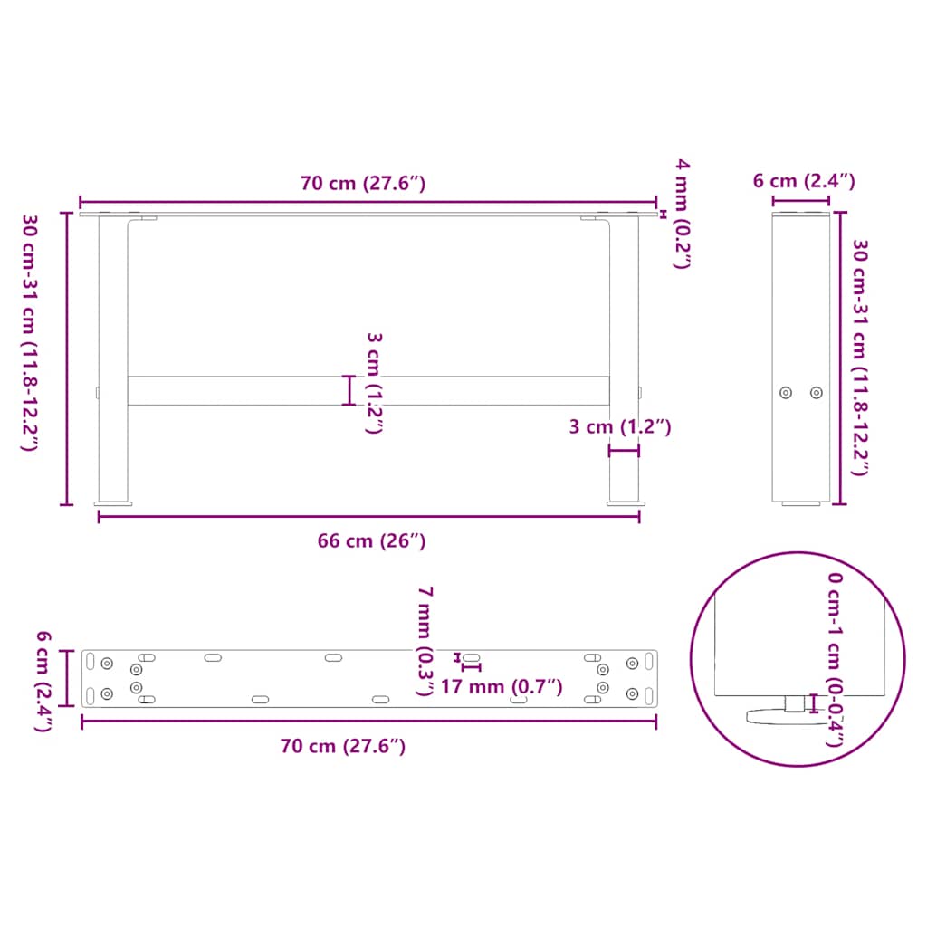 Noge za klub stolić antracit boje 2 kom 70 x (30-31) cm čelik